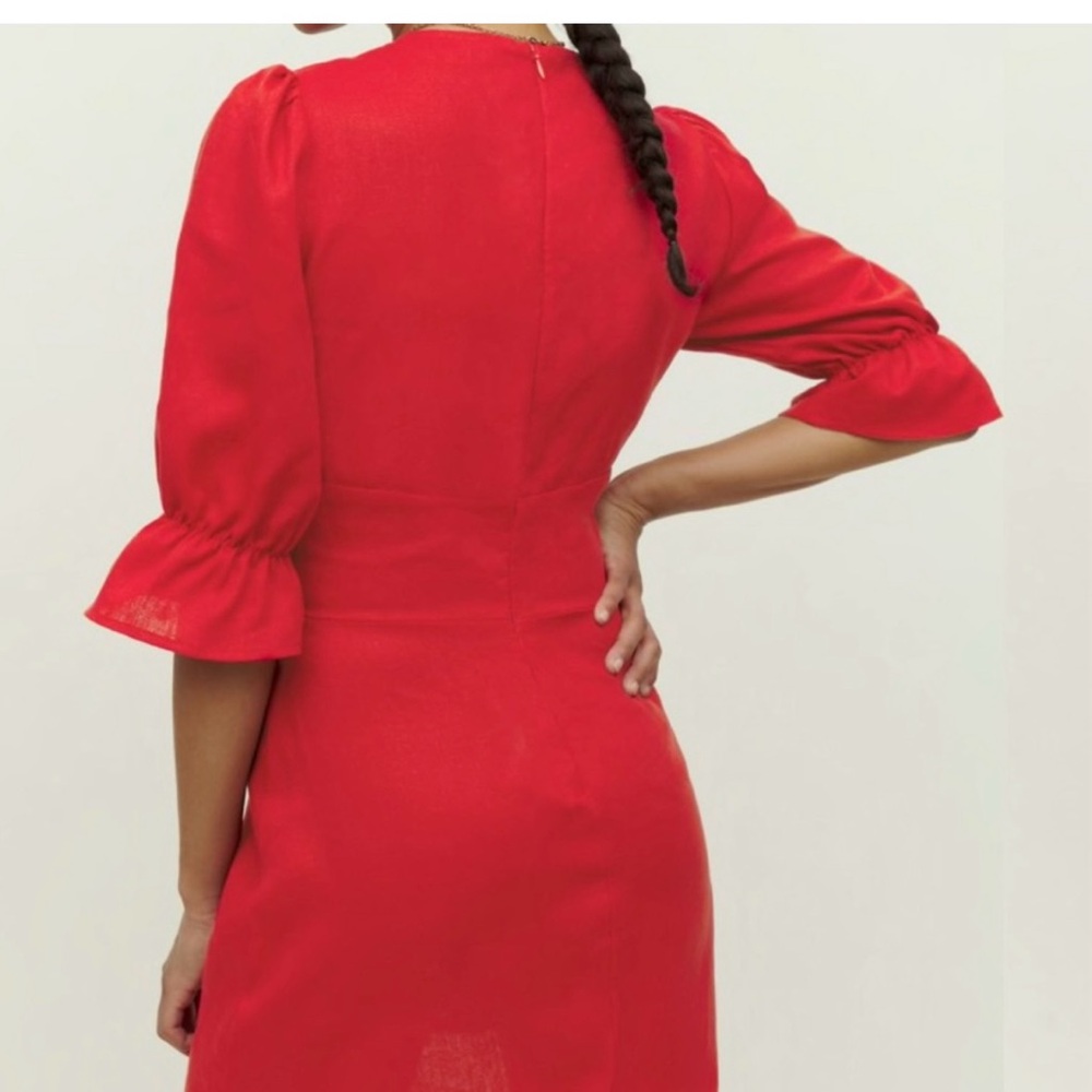 NWT Reformation Simi Linen (Cherry Red) Low Cut Dress - Picture 3 of 9